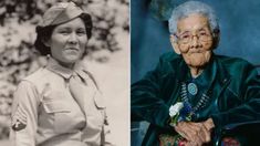 an old woman in uniform next to a photo of an older woman