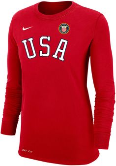 Display your Team USA spirit in this Team USA Shop Red T-Shirt! This Team USA Shop Arch Long Sleeve T-Shirt makes a great layer for cooler nights cheering on the Team USA. Featuring a ceneter front TEAM USA graphic, this Team USA Long Sleeve LS Tee is a must-have for any fan. USA, USA, USA! Dri-FIT Cotton fabrication, Sueded hand feel, Moisture wicking properties, Ribbed neckband and cuffs, 57% Cotton - 43% Polyester, 4 Nike University Red Long Sleeve Tops, Elizabeth Scott, Olympic Team, Usa Outfit, Red T, Team Usa, Red Tshirt, Lady In Red, Victoria Secret