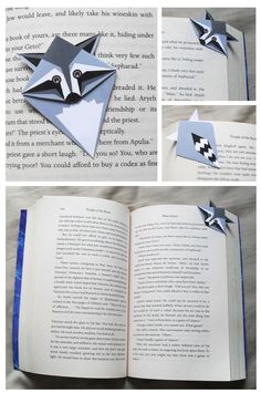 an open book with some origami animals on it