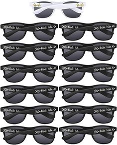 twelve pairs of sunglasses with white frames and black polarized lenses, each featuring different styles