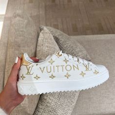 New Lv Sneakers Never Worn And Hard To Find In The Us. Lv White Sneakers, Luxury White Custom Sneakers With Logo Print, Luxury Custom White Sneakers With Logo Print, Luxury Custom White Sneakers, Lv Sneakers, Louis Vuitton Sneakers, Sneaker Outfits Women, Baskets Nike, Lv Shoes