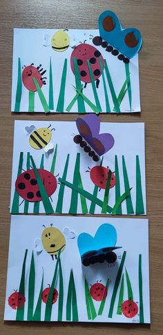 two paper cards with ladybugs and butterflies on them, one is cut out to look like grass