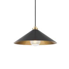 a black and gold pendant light hanging from the ceiling