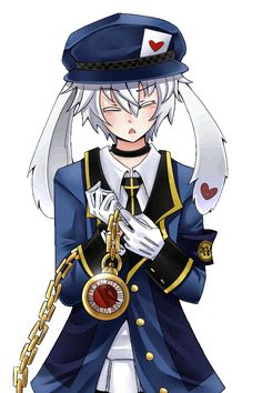 an anime character with white hair wearing a blue uniform and holding a chain around his neck