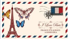 a postcard with the eiffel tower, butterflies and postage stamps on it