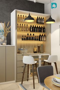 an image of a kitchen setting with bottles on the shelves and bar stools in front