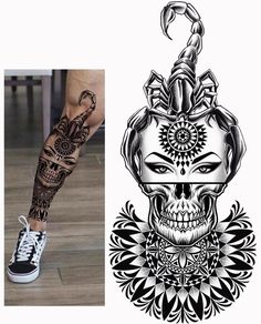 a person with tattoos on their legs and an image of a skull wearing a helmet