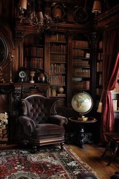 an old fashioned chair in front of a bookshelf filled with lots of books