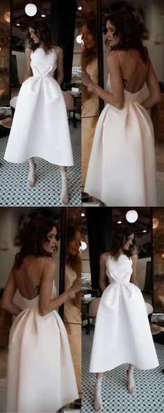 the back of a woman's white dress in four different angles, with multiple pictures of her