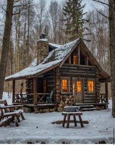 a log cabin in the woods with snow on the ground and picnic tables around it