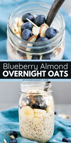 Looking for summer breakfast recipes? You'll love this easy blueberry almond overnight oats in the morning! This healthy overnight oat recipe is so simple to prepare. Just make the oats then top with almonds, blueberries, and bananas! Delicious! Overnight Oats Banana Blueberry, Lemon Blueberry Overnight Oats Healthy, Blueberry Overnight Oats With Yogurt, Easy Healthy Overnight Oats, Overnight Oats Recipe Blueberry, Blueberry Overnight Oats Healthy, Overnight Oats With Blueberries, Overnight Oats Blueberry, Blueberry Banana Overnight Oats