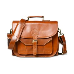 a brown leather satchel bag on a white background