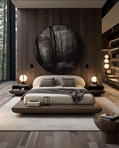 a large bed sitting in the middle of a bedroom next to a tall wooden wall