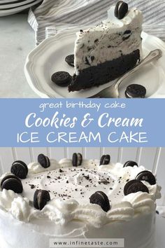 a cake with oreo cookies and cream frosting on it, sitting on a plate