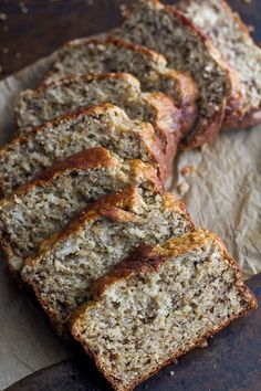 slices of banana bread sitting on top of parchment paper