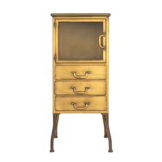 an old wooden cabinet with glass doors on the front and bottom drawers, against a white background