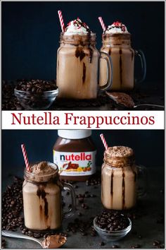 Nutella frappuccinos give you a frozen coffee shop style drink at home. A take on a mocha frappuccino recipe with the rich chocolate hazlenut flavor of Nutella instead of plain chocolate. #coffee #Nutella #recipe #drink #breakfast #frappuccino Mocha Frappuccino Recipe, Drink Breakfast, Nutella Recipe, Nutella Recipes Easy, Mocha Frappuccino, Drink At Home, Frappuccino Recipe, Homemade Snickers