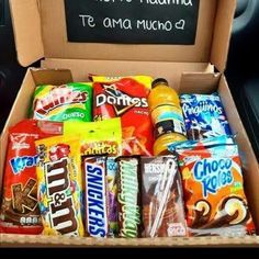 a box filled with lots of different types of snacks