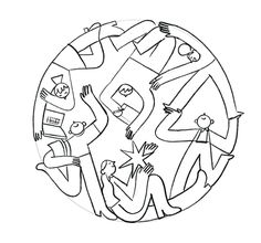 a black and white drawing of people in a circle