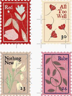 four postage stamps with flowers and leaves on them