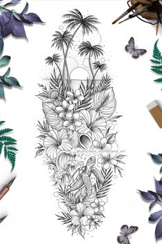 tropical sunset under the sea ocean tattoo art design drawing flowers waves shells Tropisches Tattoo, Ocean Theme Tattoos, Beach Tattoo Ideas, Tropical Tattoo, Turtle Tattoo Designs, Sea Tattoo, Ocean Tattoos, Theme Tattoo