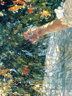 a painting of a woman standing next to a pond with goldfish swimming around her