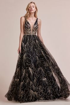 Vestidos De Gala Elegantes Noche, Andrea And Leo, Gold Wedding Gowns, Black And Gold Dress, Elegant Gowns, A Line Evening Dress, Dresses Elegant, A Line Gown, Couture Gowns