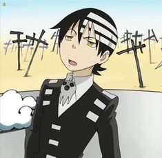 an anime character is standing in front of crosses