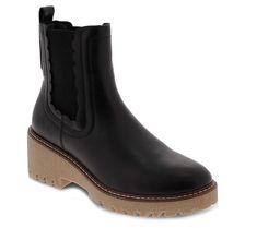 Lug sole love. These on-trend Chelsea boots work a sleek round-toe design and a scalloped-edge detail. From MIA Shoes. Chelsea Boots Work, Lug Sole Chelsea Boots, Mia Shoes, Toe Designs, Lug Sole, Scalloped Edge, Work Boots, Wedge Heels, Chelsea Boots