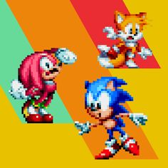 sonic the hedgehog and tails characters in pixel art style, with different color variations