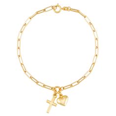 With symbols of love and faith, this beautiful paperclip bracelet in 14K yellow gold makes a perfect keepsake gift for any occasion. | Paperclip Bracelet with Heart and Cross Charms | 14K Yellow Gold, 7.25" | Size 7.5" | Helzberg Diamonds Wwjd Bracelet, Heart And Cross, Heart Cross Necklace, Paperclip Bracelet, Bracelet With Charms, Bracelet With Heart, Cross Heart, Dance Outfit, Helzberg Diamonds