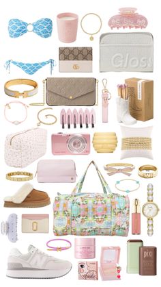 a collage of different items including shoes, bags and purses on white background