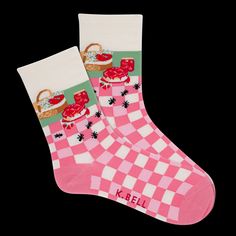 K.Bell Women's Strawberry Picnic Crew Sock Sock Hop Socks, Cheap Fun Pink Socks, Affordable Fun Pink Socks, Cute Thigh High Socks, Strawberry Boutique, Strawberry Clothing, Strawberry Picnic, Socks With Lace, Romantic Date