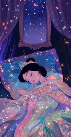 a woman laying in bed under a star filled sky with stars all around her and wearing a tiara