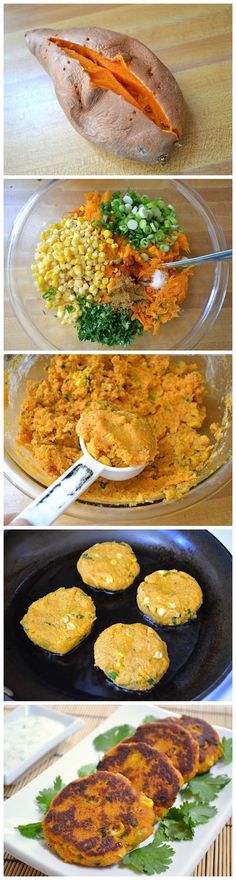 four different pictures of food being cooked in pans