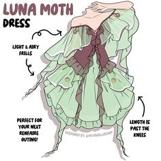 a woman in a green dress with words describing how to wear the clothes for luna moth