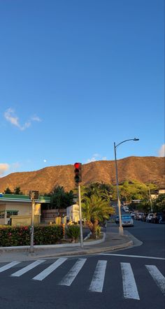 a red traffic light sitting on the side of a road next to a lush green hillside