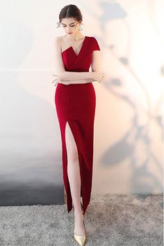 Sexy Slit Burgundy Fitted Prom Dress with One Shoulder - $71.1 #HTX86001 - SheProm.com Wedding Guest Outfit Spring, Fitted Prom Dresses, Chique Outfits, فستان سهرة, Burgundy Dress, Guest Outfit, Classy Dress, Wedding Guest Outfit, Fitted Dress