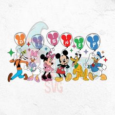 mickey mouse and other cartoon characters with balloons in the shape of letters on a white background