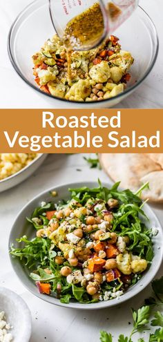 roasted vegetable salad with chickpeas and feta cheese is an easy side dish