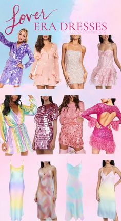 several different types of dresses on display in front of a pink background with the words lover era