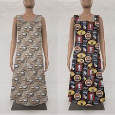 two mannequins wearing dresses with beer labels on them, one in black and the other in white