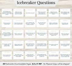 the icebreakerer questions are displayed on a wooden background with text overlays