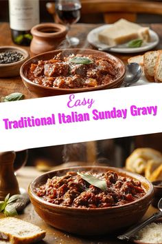 Two rustic bowls filled with steaming Traditional Italian Sunday Gravy, featuring tender chunks of meat in rich red tomato sauce, garnished with fresh basil leaves and grated cheese, served alongside crusty bread slices, wine, and black peppercorns on a wooden table.