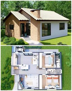 two different views of the same house from above and below, one shows an open floor plan