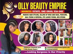 an advertisement for the olly beauty empire, which is selling hair and makeup products