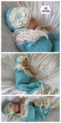 two pictures of a baby sleeping in a crocheted blanket