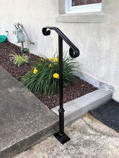 a black metal hand rail on the side of a building next to flowers and a fire hydrant