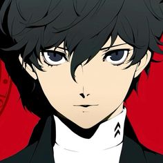 an anime character with black hair and blue eyes looking at the camera while wearing a tuxedo