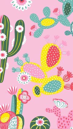 a pink background with cactus and flowers on it